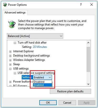 تنظیمات USB و USB selective suspend را گسترش دهید.