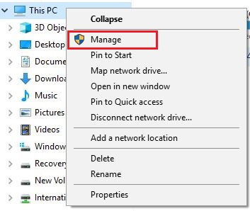 بر روی My Computer راست کلیک کرده و بر روی Manage کلیک کنید.