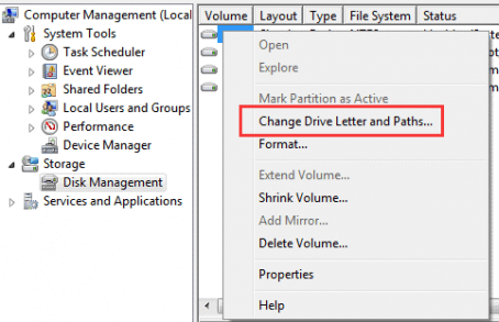 بر روی درایو خارجی متصل راست کلیک کرده و Change Drive Letter and Paths را انتخاب کنید.