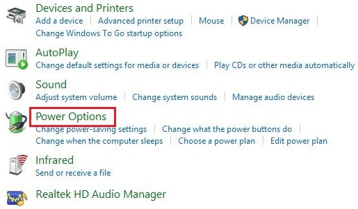 از تنظیمات کنترل پنل بر روی Power Options کلیک کنید.