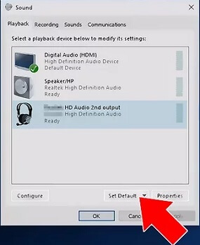 برای تنظیم هدفون به عنوان صدای پیش فرض بر روی Set Default کلیک کنید
