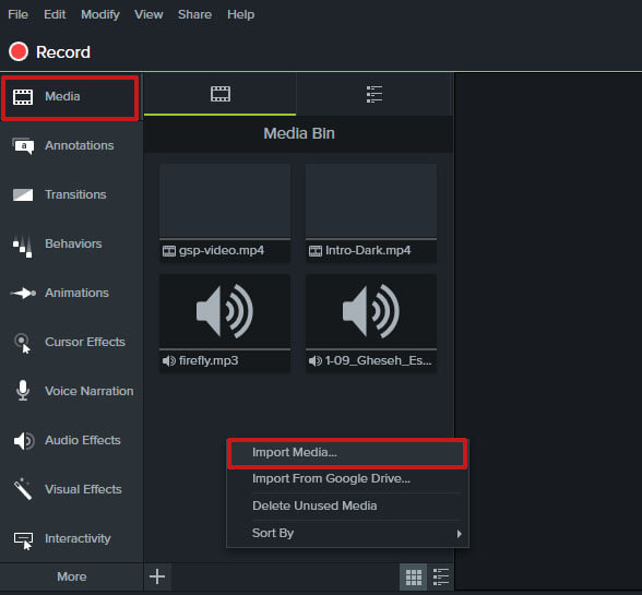 وارد کردن فایل در نرم افزار کمتازیا (Camtasia)